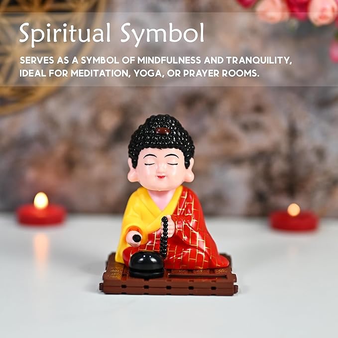 Moving Head Solar Buddha |Solar-Powered Wobble Head Buddha Idol for Good Luck | Feng Shui Buddha Statue for Car Dashboard, Tabletop & Home Decor|No Battery Required| (Red) - Image 6