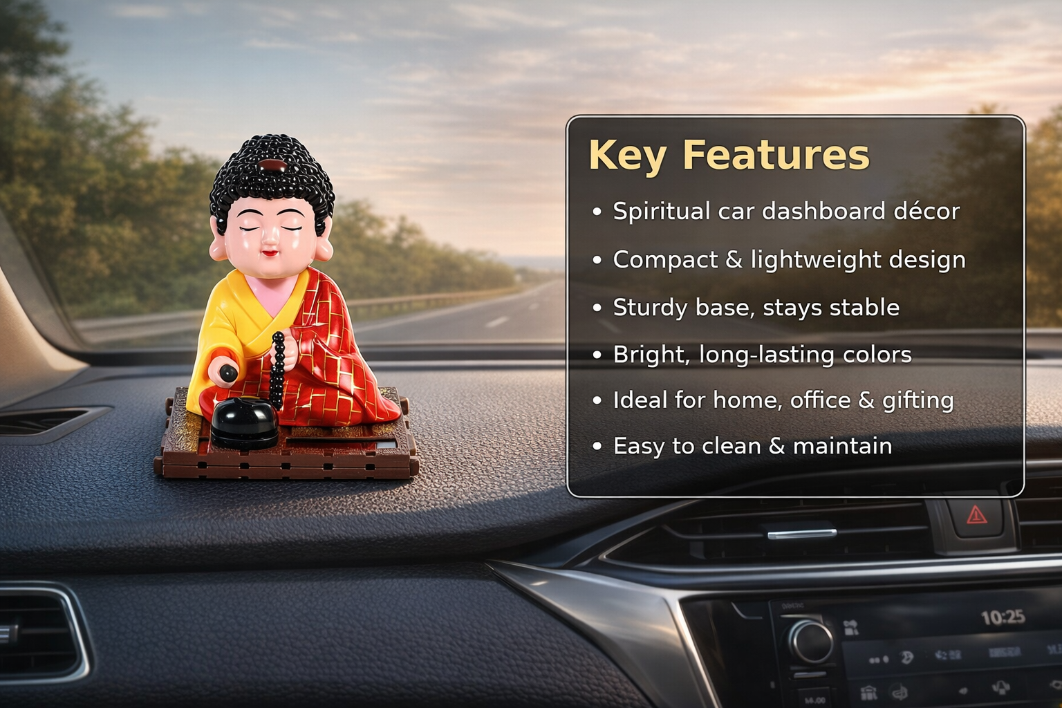 Moving Head Solar Buddha |Solar-Powered Wobble Head Buddha Idol for Good Luck | Feng Shui Buddha Statue for Car Dashboard, Tabletop & Home Decor|No Battery Required| (Red) - Image 2