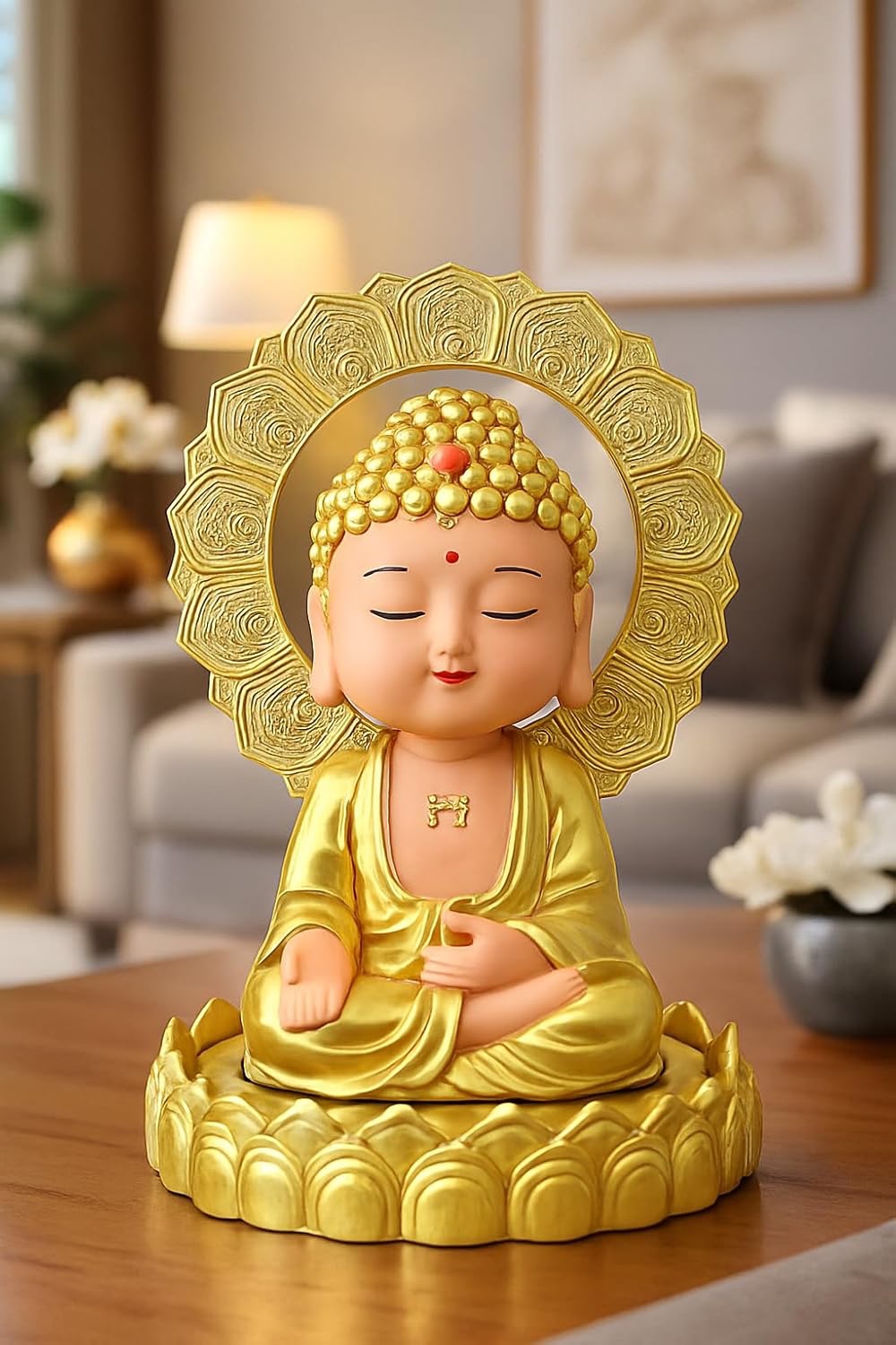 Solar Powered Golden Chakra Moving Head Buddha Idol | Eco-Friendly Dashboard & Home Decor | Peaceful Nodding Buddha Figurine | Battery-Free Car Dashboard | Spiritual Gift for Positivity